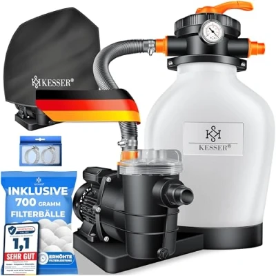 Afbeelding van KESSER® zandfiltersysteem Zandfilter + 700g filterkogels vervangen 25kg filterzand 7 wegklep met drukindicator Zwembadfilter 10 mġ/h Filtersysteem Filtervat voor zwembad 10.200 L/h, wit/neon oranje