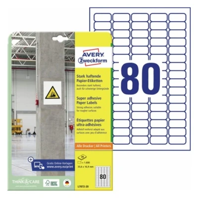 Afbeelding van Avery Zweckform L7872 20 ( 35.6 x 16.9 mm, Wit, 1600 stuk(s), Permanent hechtend, Sterk hechtend