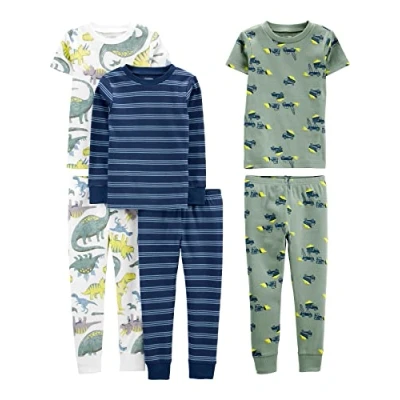 Afbeelding van Simple Joys by Carter&#039;s Jongens 6 Piece Snug Fit Cotton Pyjama Set Pyjamaset, Blauwe strepen/groene constructie/witte dinosaurus, 5 jaar (3 pack),