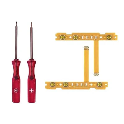 Afbeelding van Tolesum vervanging SL SR links rechts Sync Button Ribbon kabelset voor NS Switch Joy Con Controller reparatie reserveonderdelen, met schroevendraaier opening gereedschap.