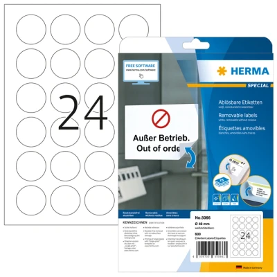 Afbeelding van Etiket HERMA 5066 rond 40mm verwijderbaar wit 600stuks