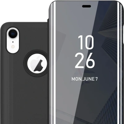 Afbeelding van Cadorabo Hoesje geschikt voor Apple iPhone XR in TOERMALIJN ZWART Clear View Spiegel Beschermende Case met Tribunefunctie 360 Graden Bescherming Book Cover Etui