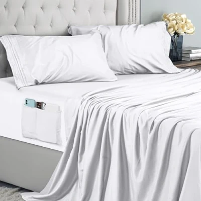 Afbeelding van Utopia Bedding 4 Delige Geborduurde Lakenset (Voor Bedmaat 180 x 200 cm, Wit) Geborsteld Microvezel Polyester,1 Vlakke Laken, 1 Hoeslaken met 2 Kussenslopen 50 75 cm