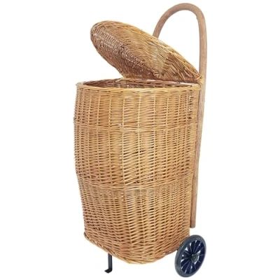 Afbeelding van WEECO Boodschappentrolley met deksel, transportmand wieltjes, marktwagen, houten mand, winkelwagentje van wilgenhout, groot, trolley voor haardhout, 90 x 30 40 cm