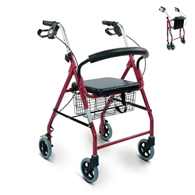 Afbeelding van Mobiclinic Alhambra Lichtgewicht Rollator met 4 Wielen Vergrendelbare Remmen Stoel en Rugleuning Opvouwbare Verstelbare in Hoogte Stoffen Mand Frambooskleurig