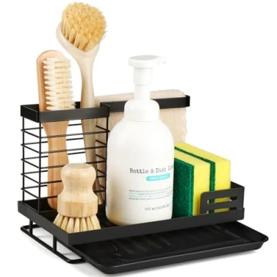 Afbeelding van Spoelbak organizer voor keuken, gootsteenorganizer, afwasmiddelhouder sponshouder/spoeldoekhouder met afvoerpan, wastafel, afwasorganizer, gootsteenplank, zwart