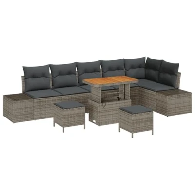Afbeelding van vidaXL 9 Delige Tuin Sofa Set met Kussens Grijs Poly Rattan Acacia