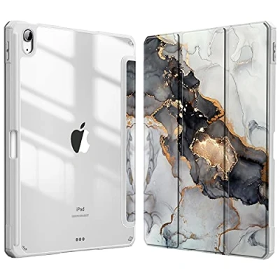 Afbeelding van Fintie Hoes iPad Air 11 inch 2024 M2 / 6e 2024, 5e/4e 10.9&quot; met Pen houder, draadloze oplaadfunctie Transparant Harde Beschermhoes Zachte TPU Rand Bumper Zwart Gouden Marmer