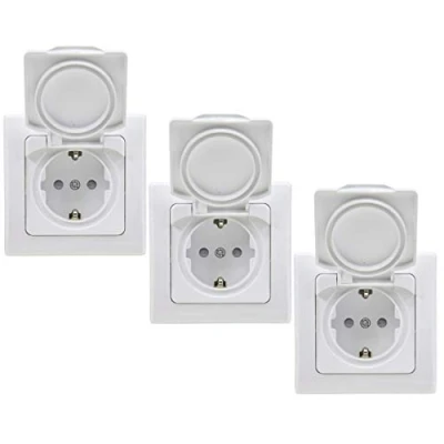 Afbeelding van Inbouwstopcontact voor badkamer en keuken, IP44 binnen buiten, vochtige ruimtes, 3 stuks, 250 V UP stopcontact met klapdeksel, wit