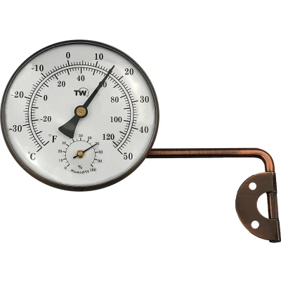 Afbeelding van Messing buitenthermometer hygrometer met stijlvol wijzerplaatontwerp tuinthermometer geschikt voor buitentemperatuur en vochtigheidsmeter meter muur kas garage zwaaiende arm eenvoudige