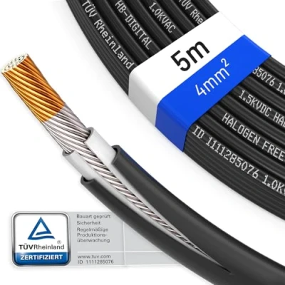 Afbeelding van hb digital 5m zonnekabel 4mm² H1Z2Z2 K TÜV Rheinland gecertificeerd UV bestendig flexibel PW kabel puur koper 1500V verlengkabel fotovoltaïsche voor zonnepaneel omvormer laadregelaar zwart