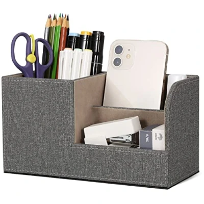 Afbeelding van GORESE bureau organizer, organizer van leer, pennenhouder, ruimtebesparend, 3 vakken voor pennen, nietjes, mappen, zelfklevende notities, telefoons (grijs)