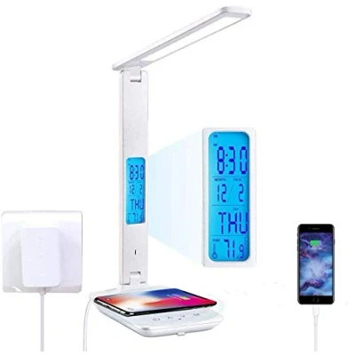 Afbeelding van LED Bureaulamp met 10W Draadloos Opladen, Morwealth Tafellamp 3 kleuren en 5 helderheidsniveaus Dimbaar bedlamp, klok, datum, USB oplaadpoort, Touch Control, opvouwbare