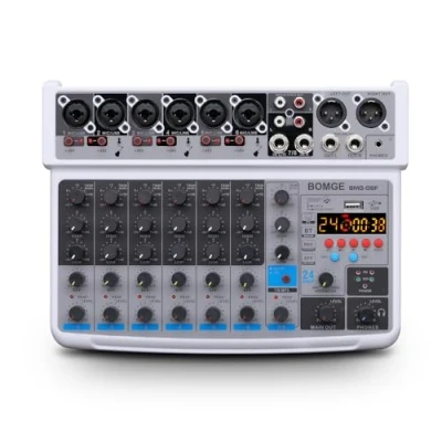 Afbeelding van BOMGE 8 kanaals mini audio mixer line mixer, DC 5V, met MP3 speler, Bluetooth, U disc 48V, 24DSP effecten, USB opname, ideaal voor kleine clubs of bars, studio kanalen, wit