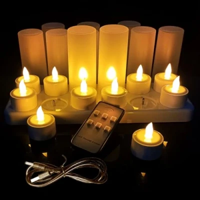 Afbeelding van QSPORTPEAK 12 oplaadbare led theelichtjes met laadstation, kopjes, USB kabel, elektrische waxinelichtjes afstandsbediening, flikkeren, warm wit, dimbaar voor thuis, bruiloft, Halloween