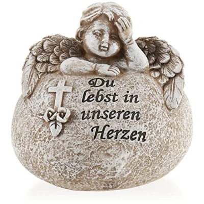 Afbeelding van COM FOUR® grafdecoratie in hartvorm met Engel gedenksteen opschrift, kruis en rozen weerbestendige rouwsteen herdenkingsspreuk (1 stuk &quot;Je leeft ons hart&quot;)