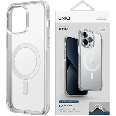 Afbeelding van UNIQ hoesje Combat iPhone 14 Pro 6.1 Magclick Charging transparant/dove satijn helder