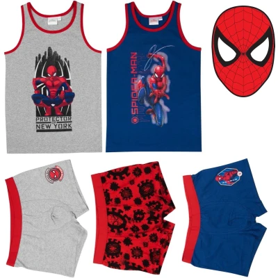 Afbeelding van Marvel Spiderman Ondergoed Set 5 Delig 3 Boxershorts + 2 Hemdjes Maat 134/140