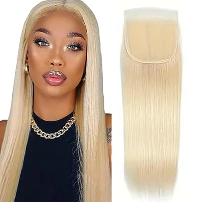 Afbeelding van Tuheerst 4x4 Lace Frontal Closure Blonde Straight Human Hair Real Braziliaans haar 613 Blond Pre Plucked with Baby 100% Unprocessed Virgin 14 Inches