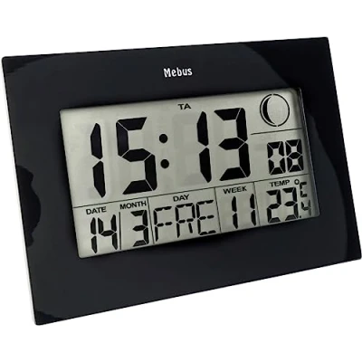 Afbeelding van MEBUS Funkwanduhr, Funk Tisch Uhr, zwei Weckzeiten mit Weckwiederholung, Innenthermometer, Kalender, Zeitzonen Einstellung, Mondphase, Farbe: Schwarz, Modell: 46732