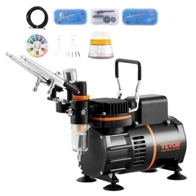 Afbeelding van VEVOR airbrush set, luchtcompressor met dubbele ventilator, professionele systeemset 3 airbrushes, houder, kleurenmengwiel, reinigingsborstelset, set voor kunst, nagels, koekjes,