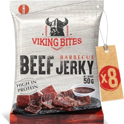 Afbeelding van Viking Bites Beef Jerky Barbecue 400g (8 x 50g) Getrocknetes Rindfleisch Fleischsnack mit hohem Proteingehalt