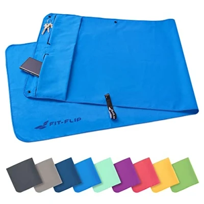 Afbeelding van Fitness handdoek set met vak ritssluiting + magneetclip, voor patent aangemelde multifunctionele handdoek, microvezel (Blauw)