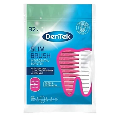 Afbeelding van DenTek Slim Brush maat 1 extra fijn voor zeer nauwe interdentale ruimtes met muntsmaak en hygiënische beschermkap, 32 stuks roze