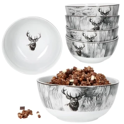 Afbeelding van MamboCat Alois Set van 6 mueslikommen 14,2 cm, 480 ml, porseleinen kom met hertendecoratie voor personen, schaaltjes salade, soep, chips enz.