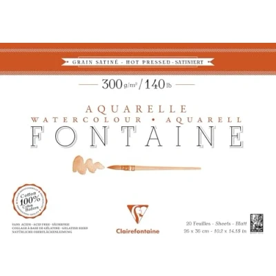 Afbeelding van Clairefontaine 96345C Aquarelblok Fontaine Satiné (100% hader, fijnkorrelig, glad, geschikt voor natte en droge technieken, zuurvrij, 300 g, 26 x 36 cm, 2 vellen) wit