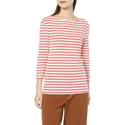 Afbeelding van Amazon Essentials Women&#039;s T shirt met driekwartmouwen, stevige boothals en slanke pasvorm, Koraaloranje Gebroken wit Streep, M