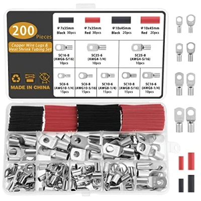 Afbeelding van Gueenky Buiskabelschoen, 200 stuks, 6/10/16/25 mm², 8 maten M6 M8, koperen kabelschoenen, ringkabelschoenen, boutengat, terminalset, buiskabelschoenen, batterij, SC klemmen, met