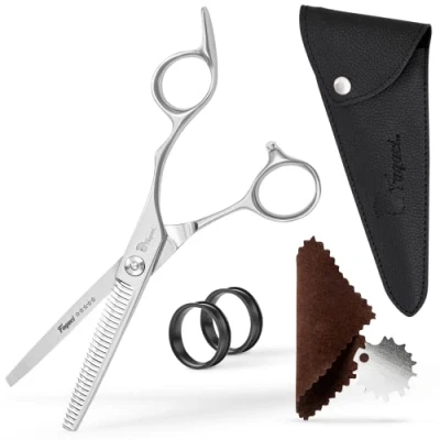 Afbeelding van Professionele uitdunschaar 6 inch met extreem scherpe mesjes, 440C stalen dunner wordende schaar, duurzaam, soepele beweging en fijn knippen, haarschaar elegante schede, reinigingsleer sleutel