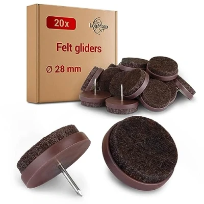 Afbeelding van LouMaxx Stoelviltjes met spijker rond, Ø 28 mm, donkerbruin stoelglijders 3 mm dik vilt viltdoppen voor stoelen premium stoelpootbeschermers ook meubels 20 stuks