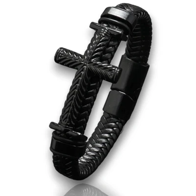Afbeelding van Armband Heren Zwart Leer met Kruis Leren Armbanden Cadeau voor Man Mannen Cadeautjes