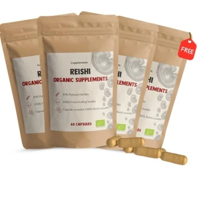 Afbeelding van Cupplement 4 Zakken Reishi Capsules 60 Stuks Inclusief Pillendoos Biologisch 500 MG Per Capsule Geen Poeder of Extract Supplement Superfood Mushroom Paddenstoel