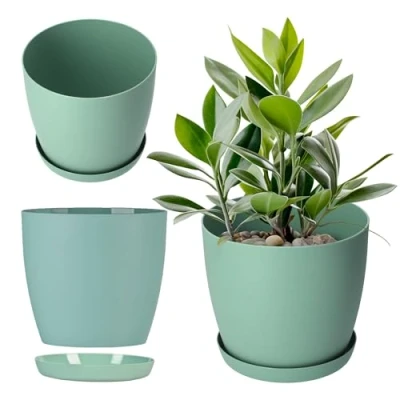 Afbeelding van KADAX Bloempot, plantenpot met onderschotel, ronde kunststof bloempot voor cactussen, varens, glanzende balkon, appartement en terras, diameter 30 cm, mint