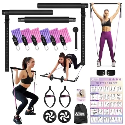 Afbeelding van Pilates Bar Set, 6 x fitnessbanden set weerstandsbanden met stang, handgrepen, deuranker, voetlussen, en draagbare handtas voor binnen buiten (roze paars, max. 150 lbs)