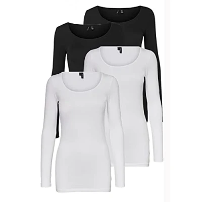 Afbeelding van VERO MODA Damesblouse met lange mouwen, verpakking van 2 stuks, wit/zwart (2x helder wit/2x zwart), M