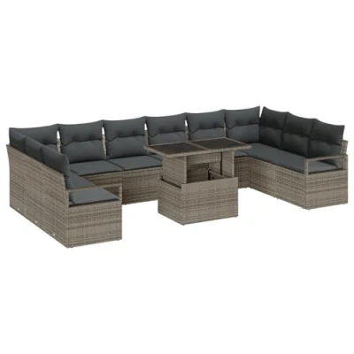 Afbeelding van vidaXL 11 delige tuinset met kussens in grijs poly rattan