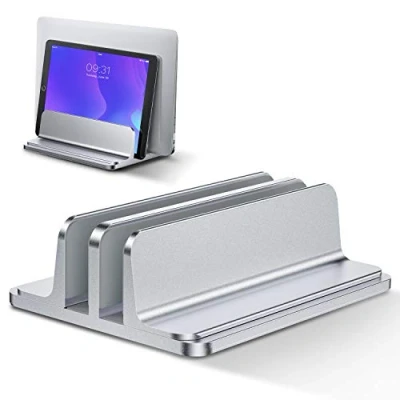 Afbeelding van Bewahly Dubbele verticale laptopstandaard, verstelbare aluminium laptopstandaard voor MacBook Pro/Air, iPad, Surface, HP, Lenovo, tablet en andere laptops, zilver