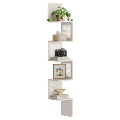 Afbeelding van VASAGLE hoekplank, 5 laags zwevende wandplank, zigzag PVC rotan zijkanten, ruimtebesparend, voor keuken, slaapkamer, woonkamer, boho stijl, havermoutbeige LLS582K66