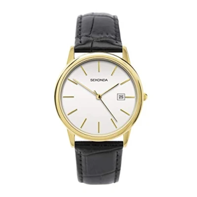 Afbeelding van Sekonda Klassiek 37mm kwartshorloge voor heren met datumvenster en lederen band, Zwarte band/witte wijzerplaat, Riem