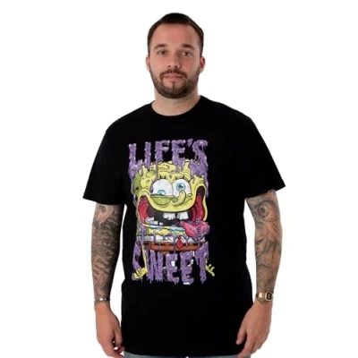 Afbeelding van Heren SpongeBob Black T shirt met korte mouw Life&#039;s Sweet Slime Design Authentieke Merchandise Perfect cadeau voor hem