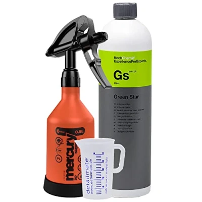 Afbeelding van detailmate Set van Kwazar 360 graden spuitfles, Koch Chemie Green Star universele reiniger 1 liter maatbeker 50 ml