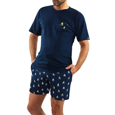Afbeelding van sesto senso Zomerpyjama voor heren, korte pyjama, katoen, mouwen, broek, tweedelig set, T shirt donkerblauw met zeilboot; broek zeilboten, L