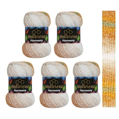 Afbeelding van Wollbiene Harmony Batik 5 x 100 g 500 gram met kleurverloop, 30% katoen, meerkleurig, kleur: wol voor het hele jaar (8080 groen, oranje, bruin, wit)