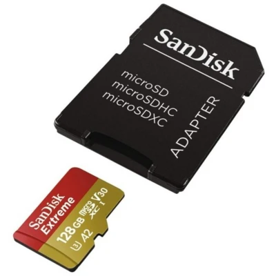 Afbeelding van Sandisk microSDXC kaart 128 GB, Extreme, U3, A2, 4K UHD 160 MB/s, (W) 90 SD adapter, blisterverpakking