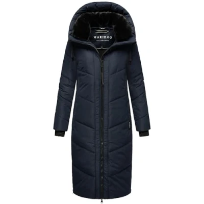Afbeelding van MARIKOO Winterjas, Nadaree XVI, winterjas voor dames, warm, gewatteerd, lang, met capuchon en afneembare kraag van imitatiebont, maten XS XXL, Donkerblauw, S
