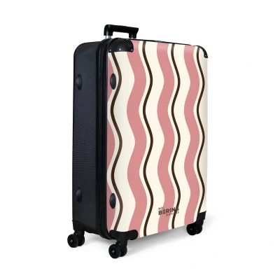 Afbeelding van NoBoringSuitcases.com® Koffer groot Reiskoffer lichtgewicht Golvende strepen in roze met bruin Rolkoffer 4 wielen Grote trolley XL 98 liter bagage